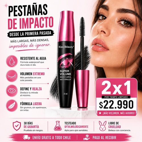 2x1💜Kiss Béauty® Máscara De Pestaña Súper Volumen Waterpoof