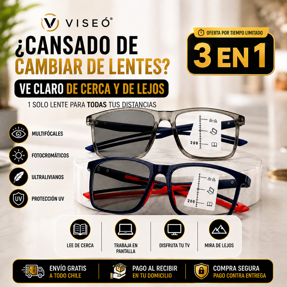 VISEÓ® Gafas Multifocales Fotocromáticas 3en1