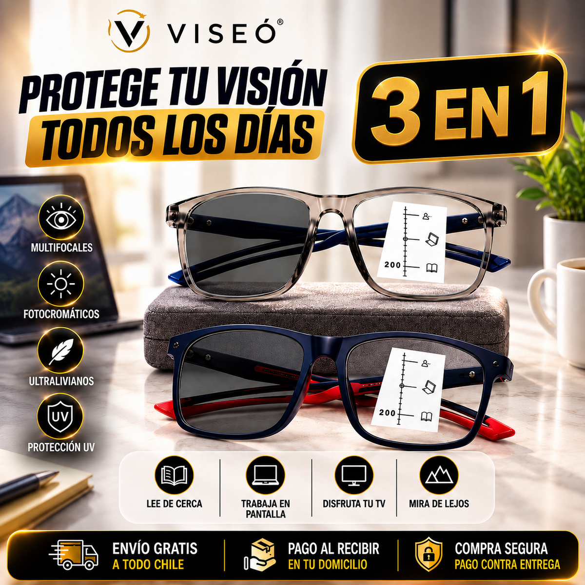VISEÓ® Gafas Multifocales Fotocromáticas 3en1